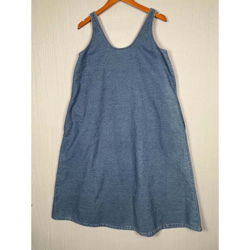 Vermont Country Store Jumper Dress Blue Denim Midi Scoop Neck Pockets Modest
